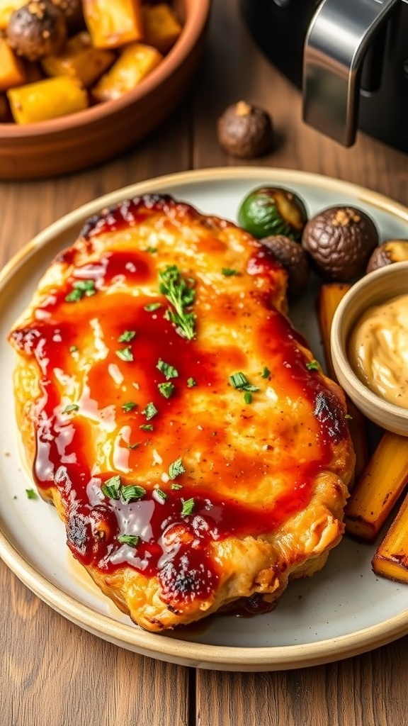 Air fryer pork chop glazed with brown sugar, served with roasted vegetables on a rustic table.